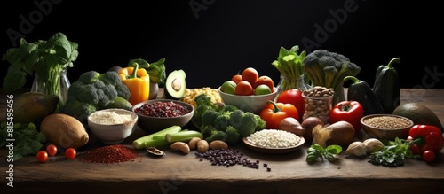 A copy space image showcases a variety of nutritious vegetarian foods available on the kitchen table