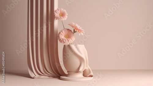 podium beige background with curtain. Pink flower in stone vase. Nature Blossom minimal pedestal for beauty,