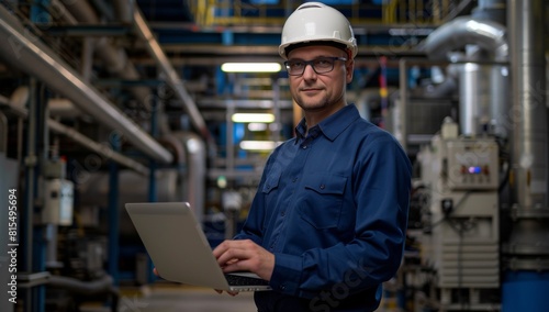 A man in blue shirt and white helmet stands with laptop at modern factory hall, production of electronic equipment on background. mechanical engineer.