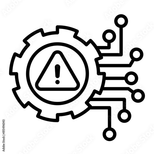 AI risk image icon. There is an exclamation mark inside the gear. A circuit comes out from the gear.