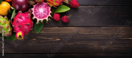 A top view image of dragon fruit and other tropical fruits on a wooden background with ample copy space available