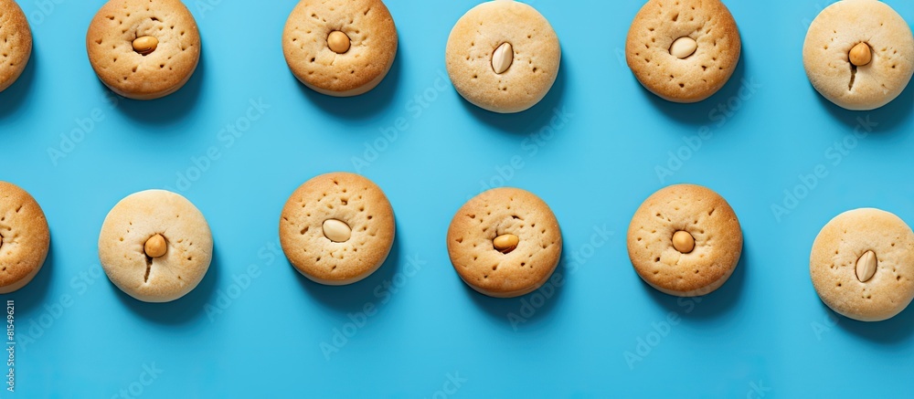 An overhead view of circular hazelnut cookies placed beside a blue backdrop offering plenty of space for additional content An overhead view of circular hazelnut cookies placed beside a blue backdrop offering plenty of space for additional content