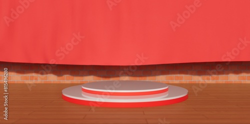 Round podium on red cloth background