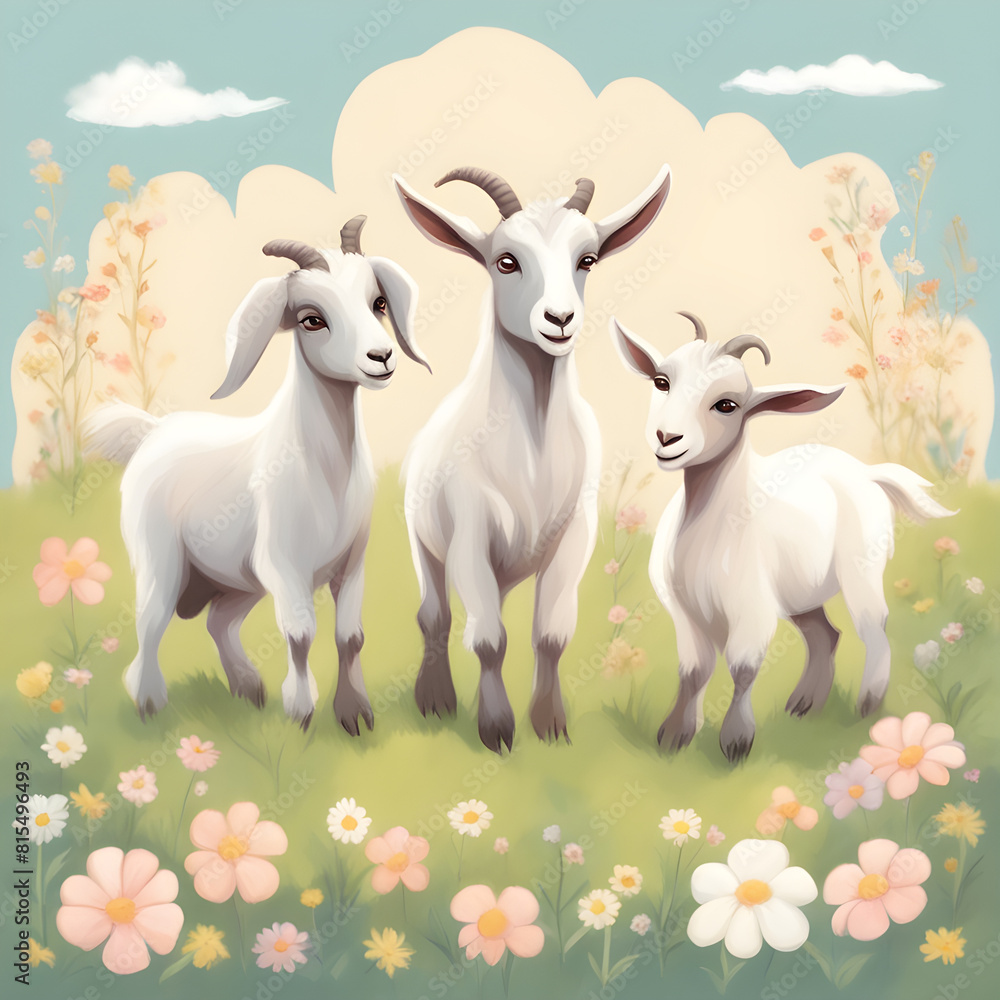 a goat with its goats grazing flowers in the plain, clipart a goat with its goats grazing flowers in the plain, clipart