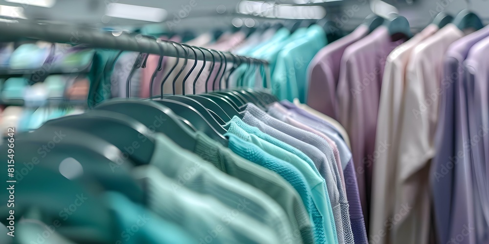 Display of Clothes on Hangers in a Neutral-Colored Clothing Store. Concept Neutral-Colored Clothing Store, Fashion Display, Clothes on Hangers, Retail Photography, Minimalist Design Display of Clothes on Hangers in a Neutral-Colored Clothing Store. Concept Neutral-Colored Clothing Store, Fashion Display, Clothes on Hangers, Retail Photography, Minimalist Design