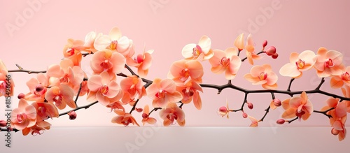 Soft and blurred the Phalaenopsis orchid tree stands out in a stunning salmon hue The delicately colored orchids with their closed blooms create a captivating image. Creative banner. Copyspace image