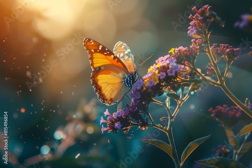 butterfly on blue and yellow flowers