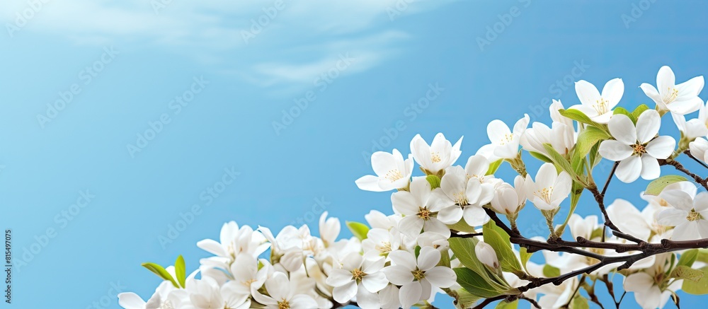 A sunny blue sky serves as the backdrop for a horizontal banner featuring blooming white flower branches The image provides a mock up template with copy space for text A sunny blue sky serves as the backdrop for a horizontal banner featuring blooming white flower branches The image provides a mock up template with copy space for text