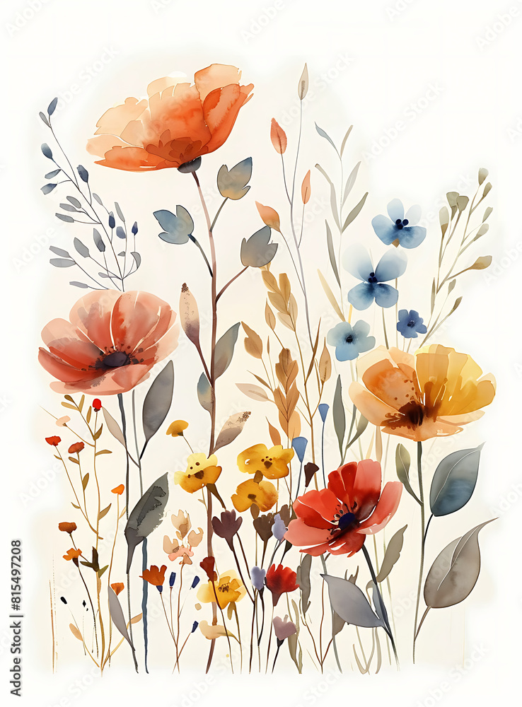 Fototapeta premium minimalist wildflower watercolor painting, eadow with ixed flowers Illustration