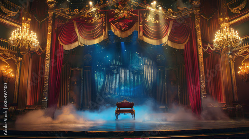 A stage adorned with luxury props  red curtain and backdrops  transporting audiences to worlds beyond their imagination