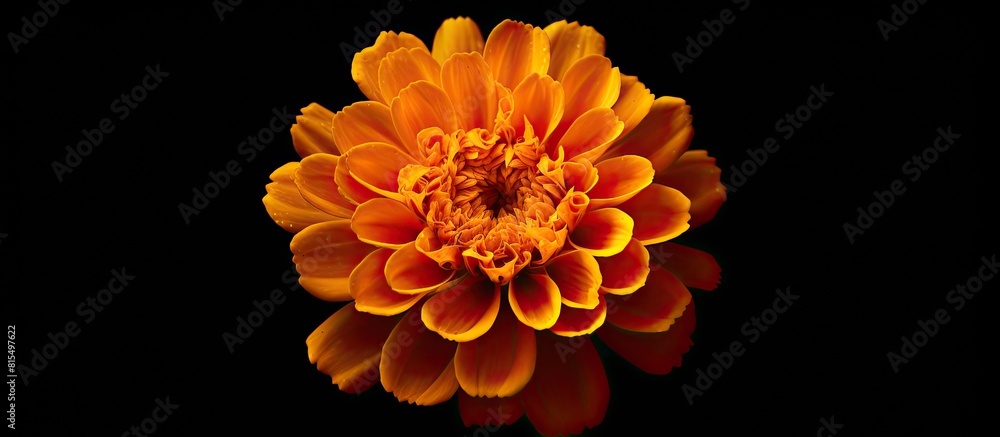 A Marigold flower with a round shape is captured in a night photograph against a dark background providing a copy space image for your text or words A Marigold flower with a round shape is captured in a night photograph against a dark background providing a copy space image for your text or words