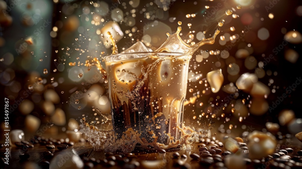ice coffee in transparent cup, caramel iced latte, amazing coffee mixing with the milk liquid, coffee beans everywhere in the background ice coffee in transparent cup, caramel iced latte, amazing coffee mixing with the milk liquid, coffee beans everywhere in the background