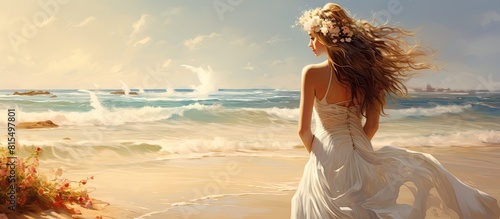 A beautiful bride wearing a white dress and a flower wreath elegantly caresses her hair on the sandy beach creating a picturesque and serene scene 194 characters. Creative banner. Copyspace image photo