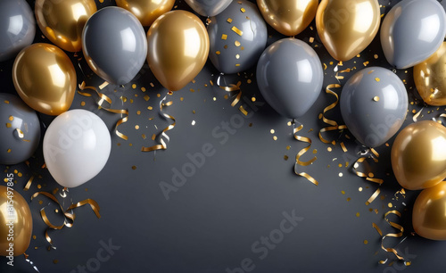 Balloons of gray, golden color on an isolated background. Holiday concept, banner photo