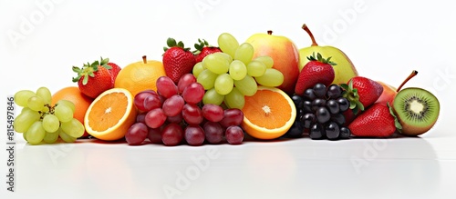 A vibrant assortment of nutritious fresh fruit showcased against a clean white backdrop with room for additional content