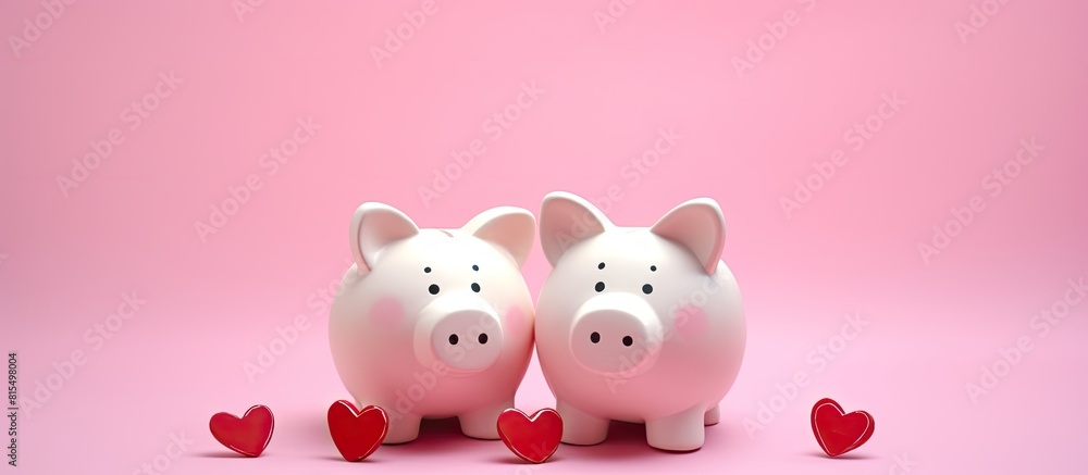 Valentine s Day themed composition featuring two small piggy bank figurines positioned on a pink background The image includes copy space and is captured from a top view perspective emphasizing the f Valentine s Day themed composition featuring two small piggy bank figurines positioned on a pink background The image includes copy space and is captured from a top view perspective emphasizing the f
