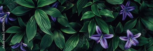 Background of green leaves and purple lily flowers. Juicy bright foliage.The texture of large leaves and buds. Beauty is in nature.