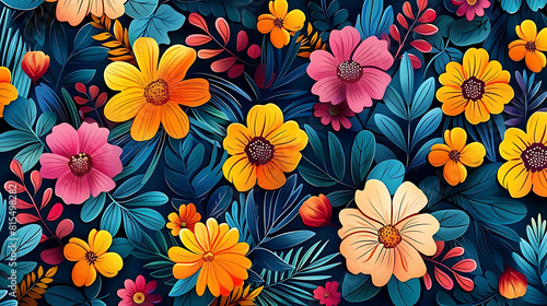 Lush floral pattern with vivid flowers and leaves, background for invitation, mother's day card