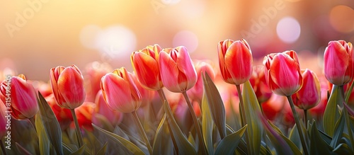 Tulip flowers blooming in a beautiful display. Creative banner. Copyspace image