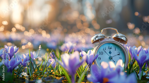 Alarm clock among blooming crocuses, spring forward concept. Spring time change, first spring flowers, daylight saving time. Daylight savings, lose an hour photo