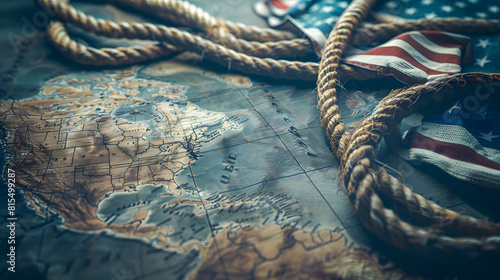 American flag and rope on treasure map on the table for Columbus Day photo