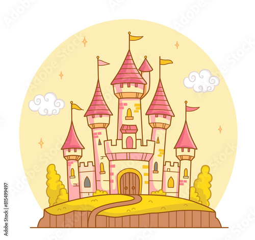 Beautiful fairy-tale castle for princess. Magic kingdom. Vintage Eastern Palace. Wonderland. Isolated cartoon illustration on a white background for stickers. Vector.