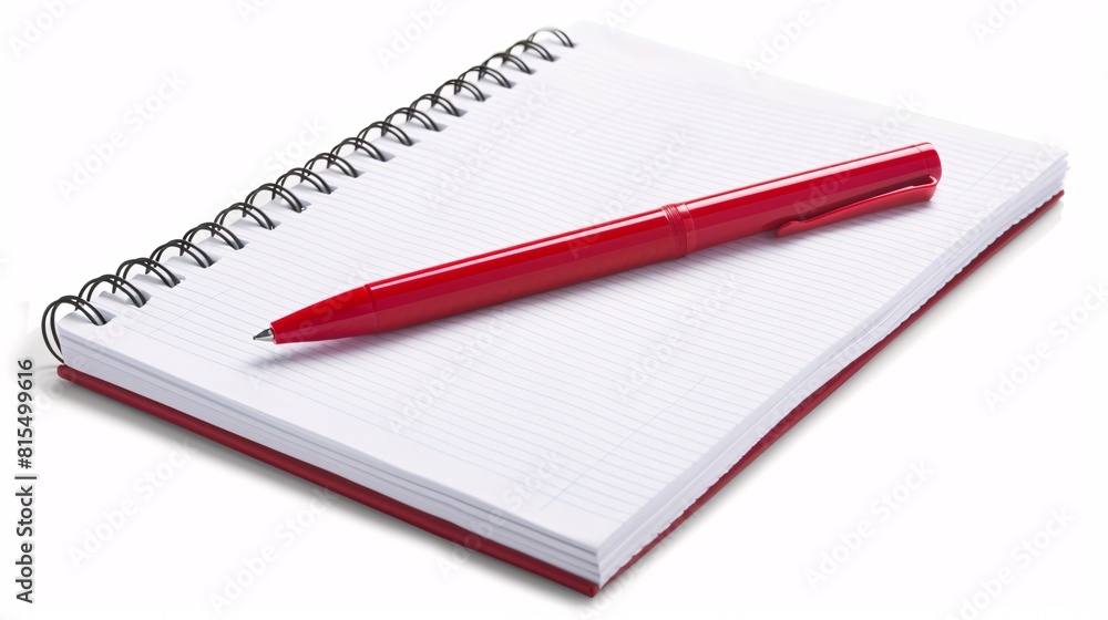 A crimson writing instrument and a coiled notepad. A crimson writing instrument and a coiled notepad.
