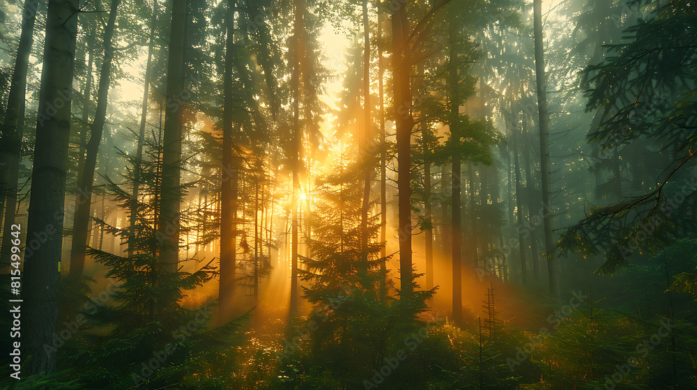 Fototapeta premium Sunlight Filtering Through Dense Forest