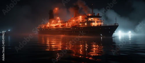 Big ship in the sea at night with fog photo