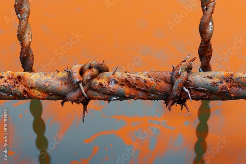 A rusty wire fence with a knot tied in it