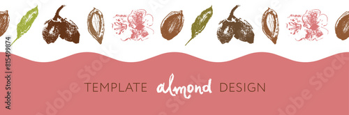 Almond frames for banner background or label template design. Organic almond seamless pattern. Garland almond nuts. Crayon drawings for almonds packaging or marzipan paste tag. Vector floral border.