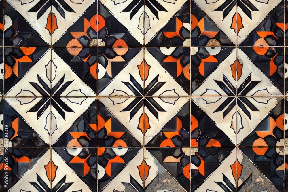 A tile pattern with black and white squares and orange flowers A tile pattern with black and white squares and orange flowers