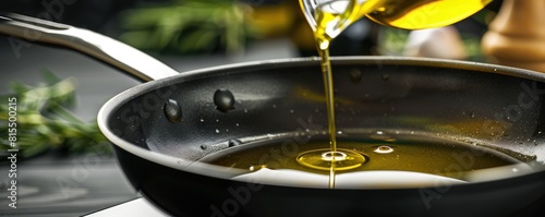 golden olive oil being poured into a black non-stick frying pan, symbolizing cooking and food preparation. photo