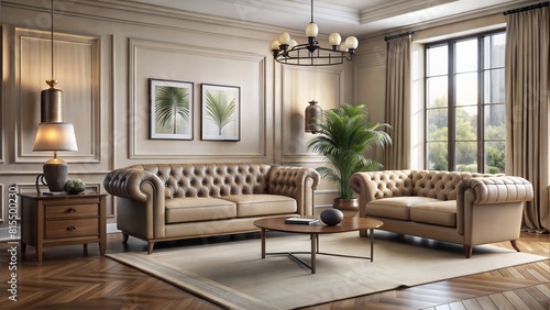 minimalist Beige tufted chesterfield sofa and brown wing chairs. Art deco interior design of modern living room. Created with generative AI