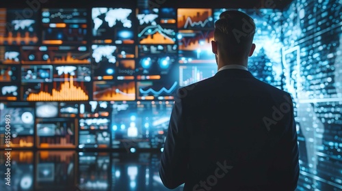 画面に映し出されたデジタル情報を眺めるビジネスマン photo