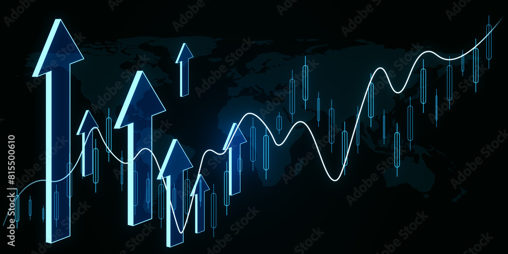 Creative glowing growing forex chart with arrows on dark wallpaper. Financial growth and stock concept. 3D Rendering.