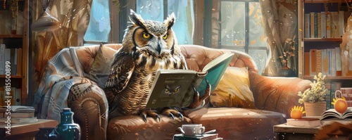 wise owl with reading glasses perched on a book in a comfortably furnished room with shelves.