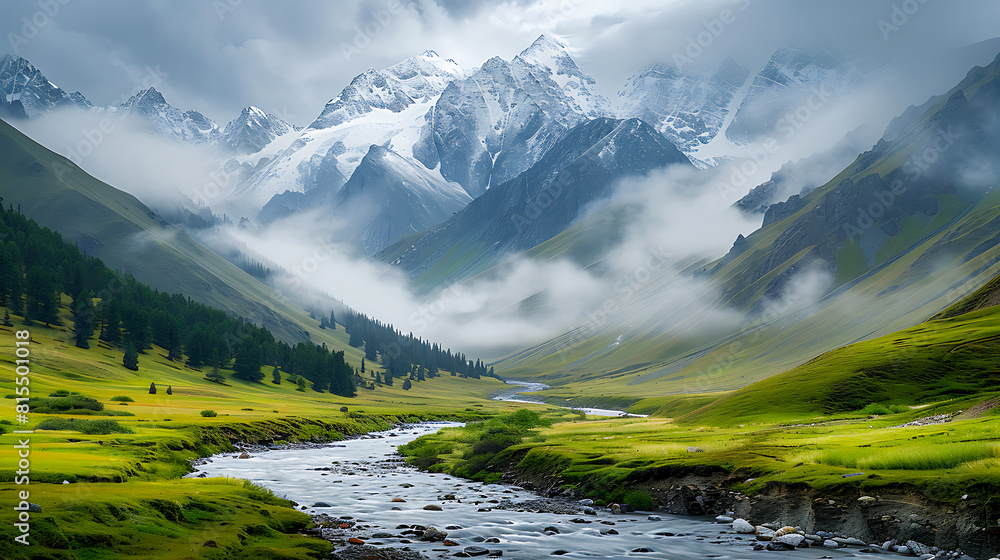 Mountain Valley with Stream and Misty Peaks Mountain Valley with Stream and Misty Peaks
