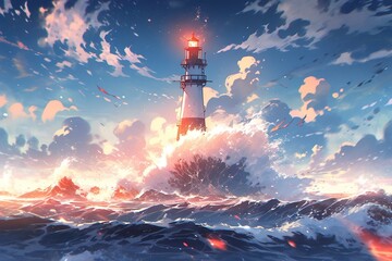 Fototapete Nautischer Stil Leuchtturm im stürmischen Meer Anime  © Margarita Vais 