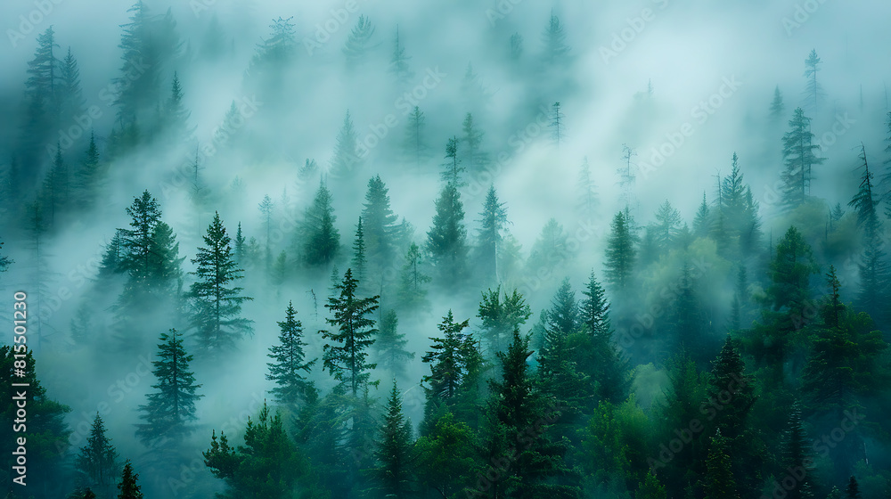 Misty forest with fog covering evergreen trees Misty forest with fog covering evergreen trees