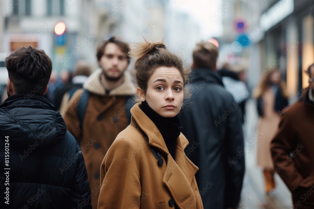 beautiful girl in a brown coat walks down the street in the city Stock ...