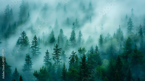 Misty forest with fog covering evergreen trees