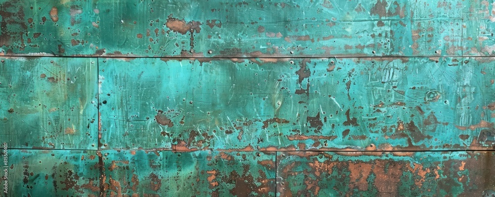 A weathered copper wall with verdigris patina creating unique green and blue hues A weathered copper wall with verdigris patina creating unique green and blue hues