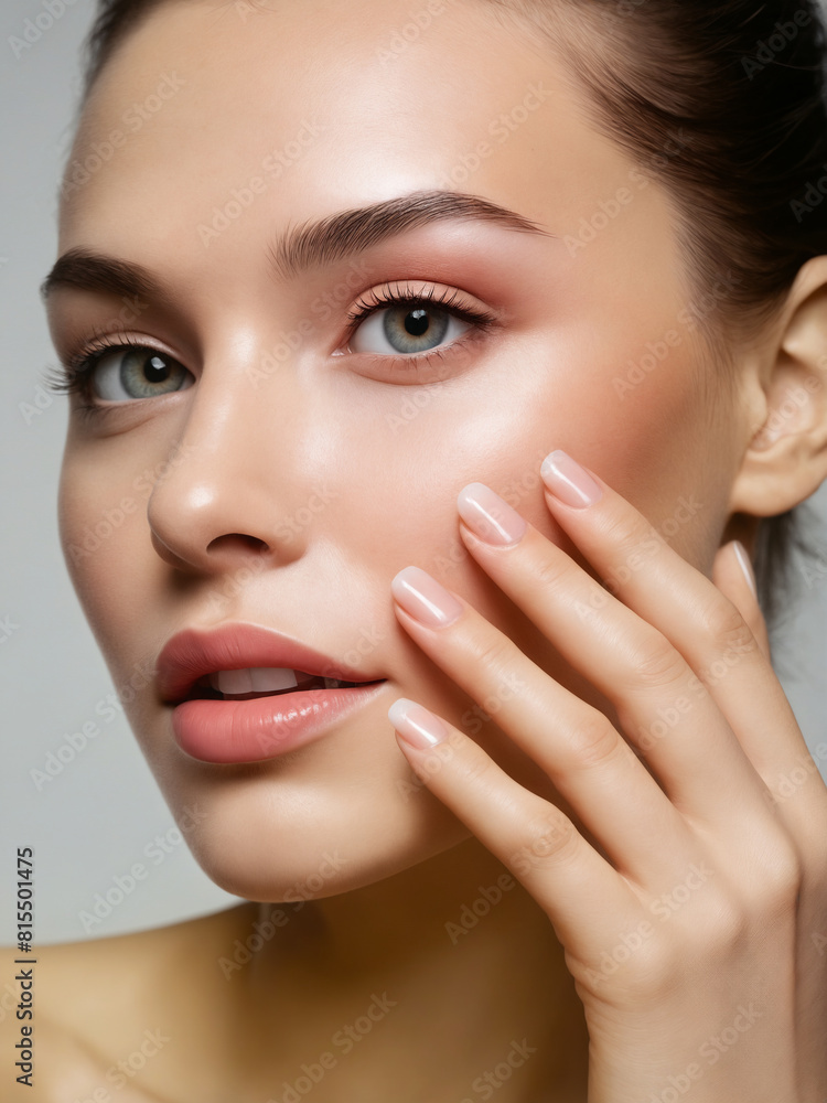 A striking close-up portrait showcasing a woman's natural beauty, glowing skin, and perfectly groomed makeup look with subtle elegance. A striking close-up portrait showcasing a woman's natural beauty, glowing skin, and perfectly groomed makeup look with subtle elegance.