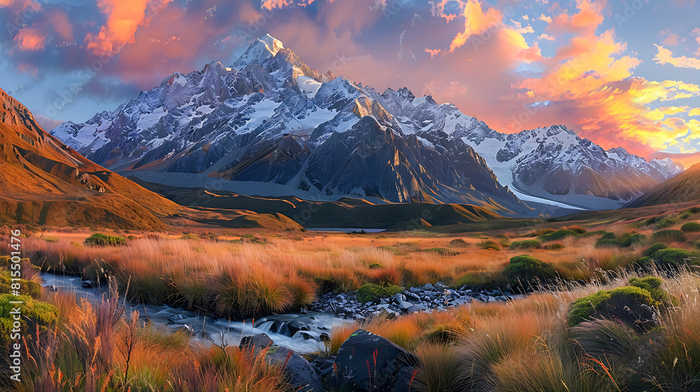 Sunset Over Mountain Range with Stream in Foreground
