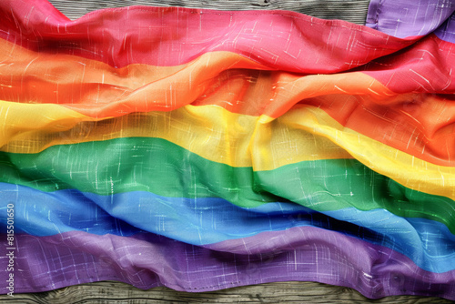 A rainbow flag is draped over a wooden surface