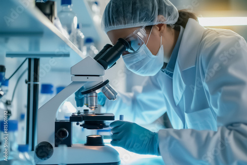 Scientist Examining Sample Under Microscope: Focused Researcher Conducting Medical and Chemical Analysis