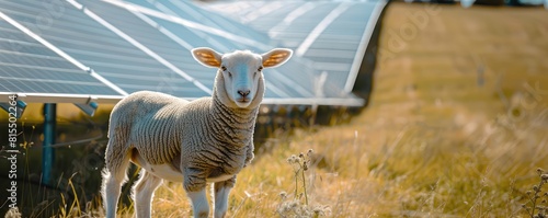 sheep grazing in a field contrasts with the solar panels in the background  symbolizing eco-friendly energy.