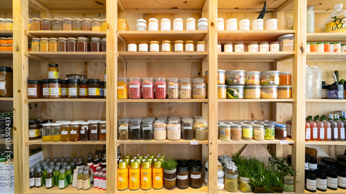 Zero waste shop interior Wooden shelves with different food goods and personal hygiene or cosmetics products in plastic free grocery store Ecofriendly shopping at local small businesse : Generative AI