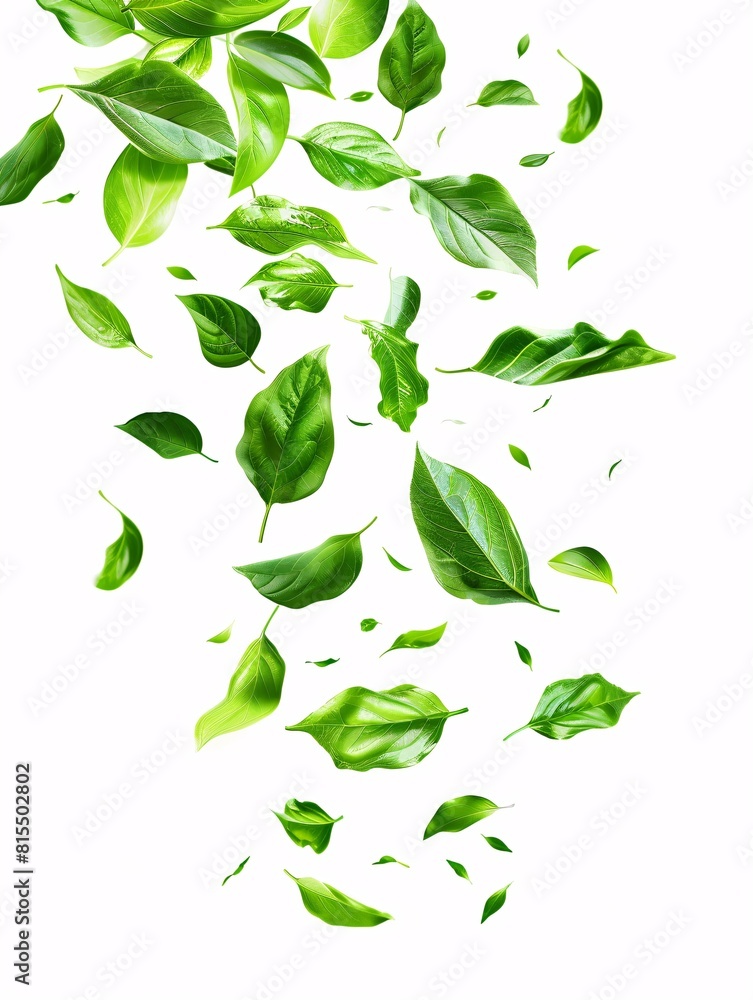 Lush green foliage floating and dancing on a pure white backdrop.